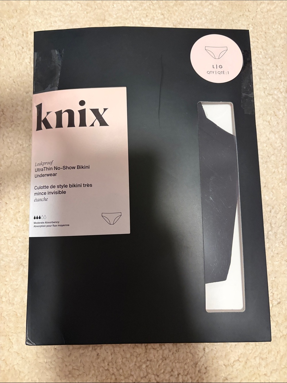 New in Box knix UltraThin leakproof No-Show Bikini Underwear - Black Size Large